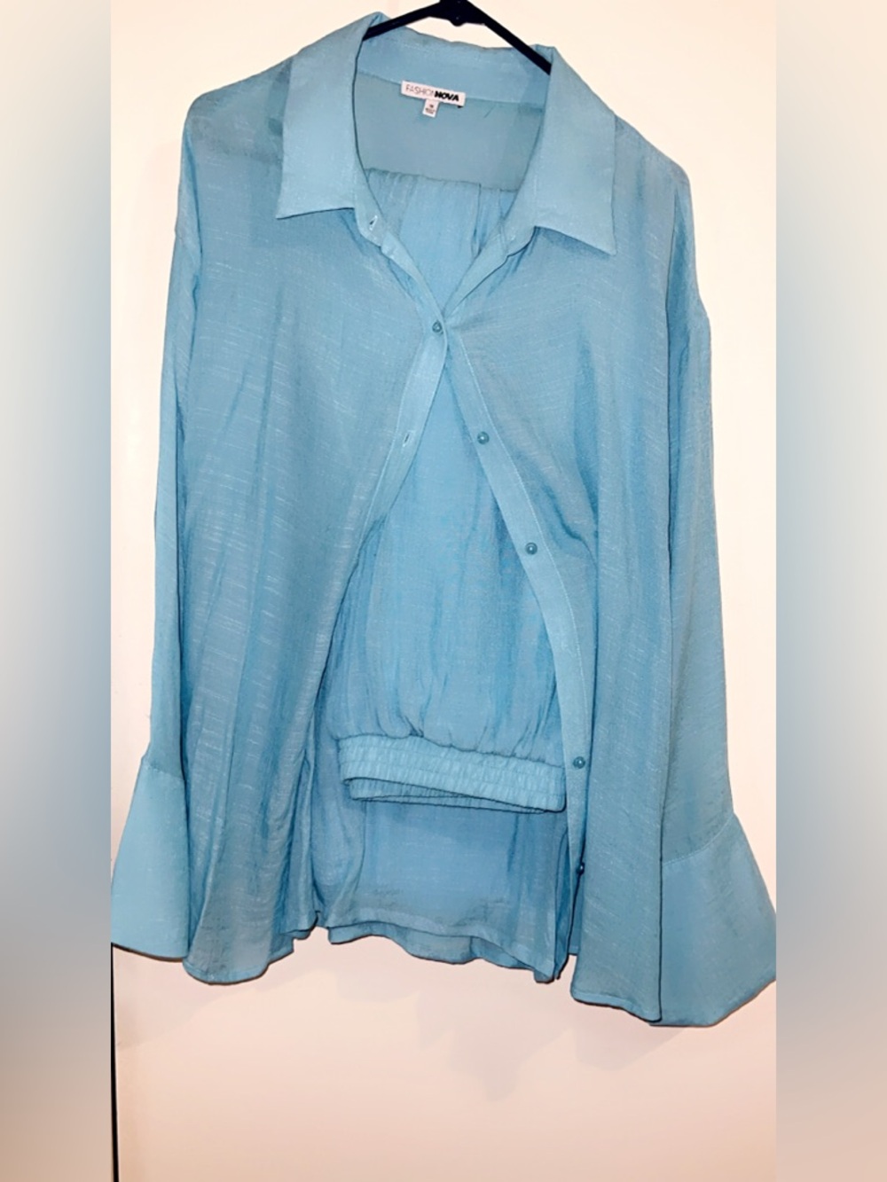 Fashion Nova Sky Blue Sheer Button-Down Shirt
